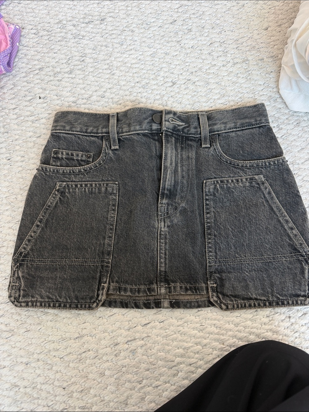 Helmut Lang Washed Black Denim Mini Skirt with Front Utility Pockets
